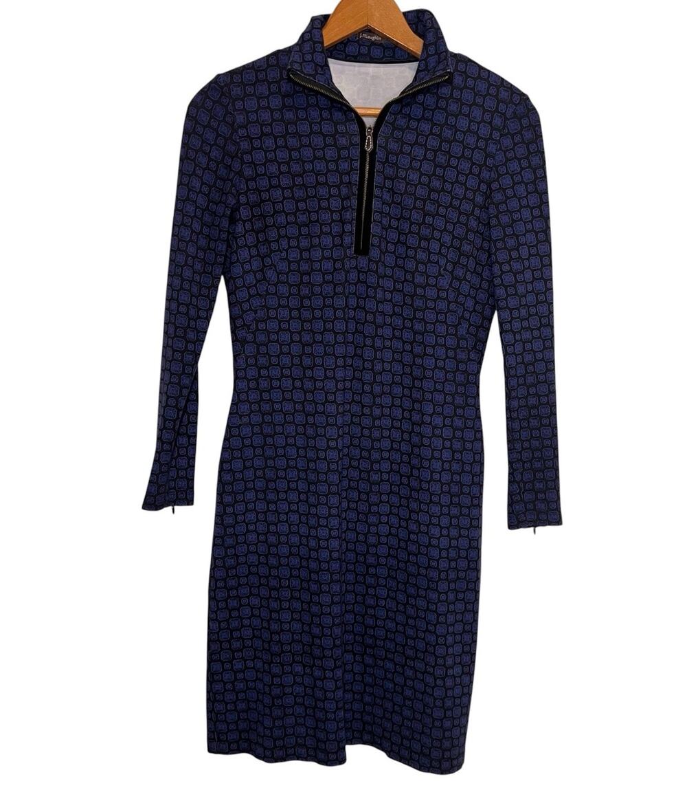 J. McLaughlin Bedford Dress Size XS Navy Black Geometric 1/4 Zip Sleeves Preppy